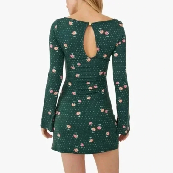 Free People - Fores Green Celia Floral Square Neck Long Sleeve Ruched Mini Dress - Picture 3 of 5